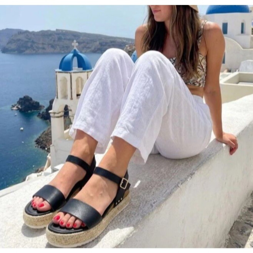 Cushionaire Melissa Espadrille Platform Sandals Sz 7 Black Ankle Straps Coastal